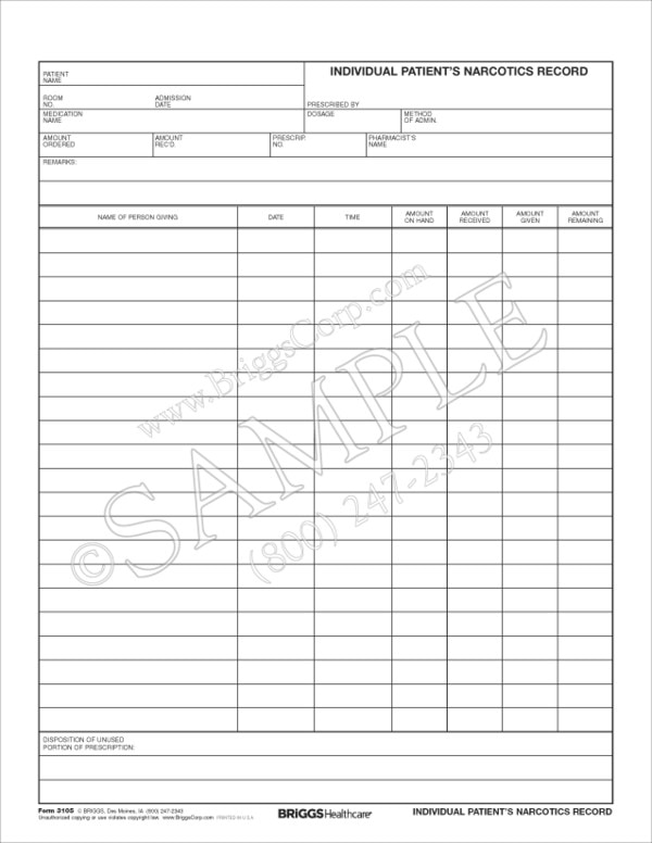 Individual Patients Narcotics Record Form